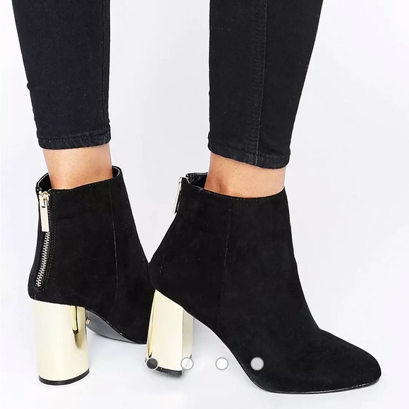 Senso Suede-like Black Round Toe Chunky Gold Heel Ankle Boots 39 - Picture 2 of 11